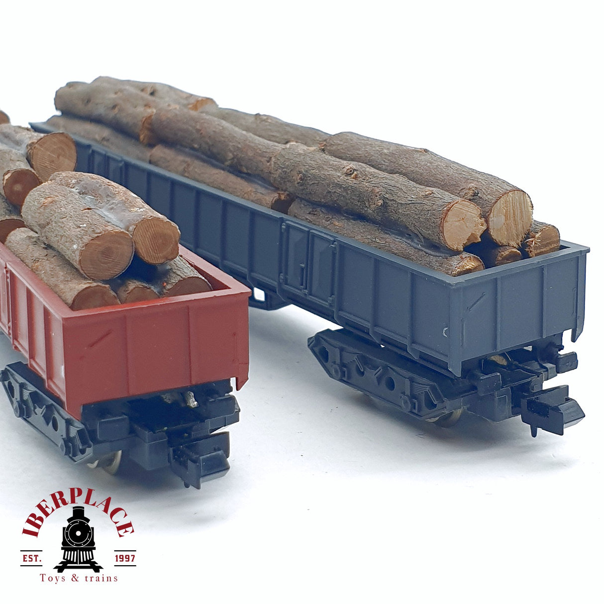 ♻️ 2da mano -  2x IBERTREN vagones de borde alto con troncos de madera RENFE N escala 1:160