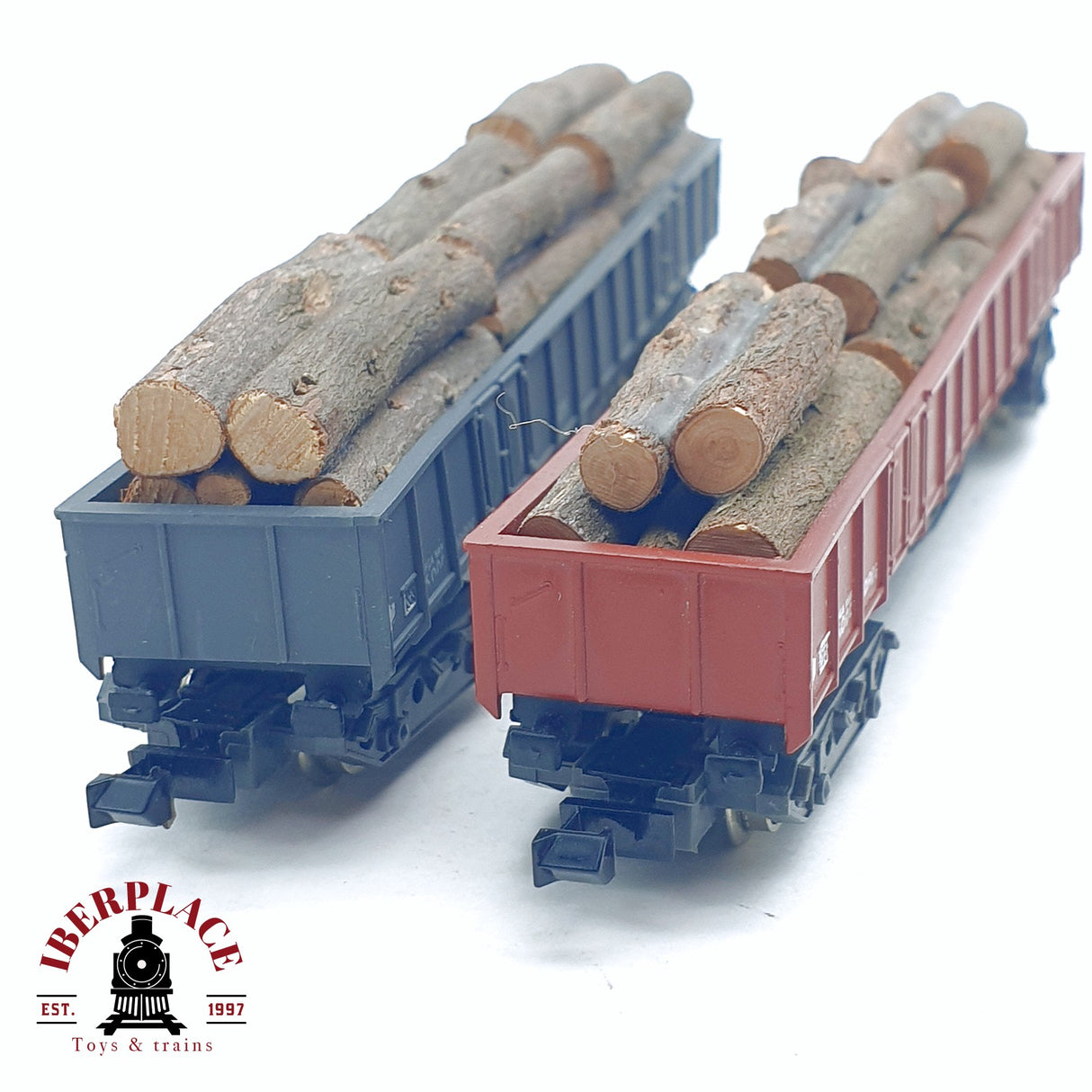♻️ 2da mano -  2x IBERTREN vagones de borde alto con troncos de madera RENFE N escala 1:160