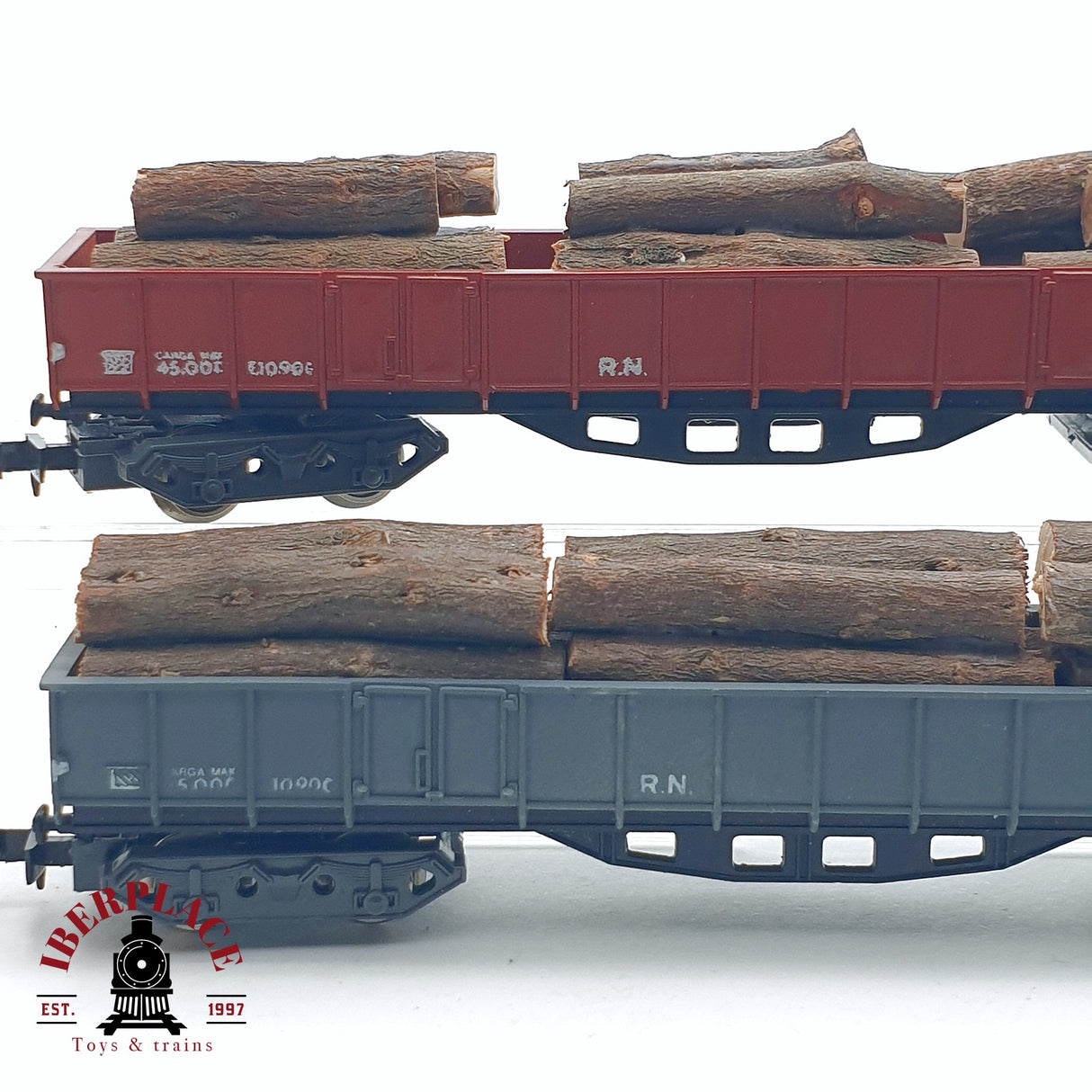 ♻️ 2da mano -  2x IBERTREN vagones de borde alto con troncos de madera RENFE N escala 1:160