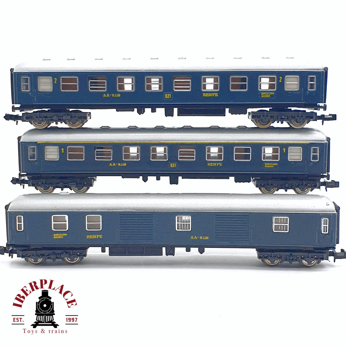 ♻️ 2da mano -  IBERTREN 3x vagones pasajero AA-8118 Barcelona Madrid RENFE N escala 1:160