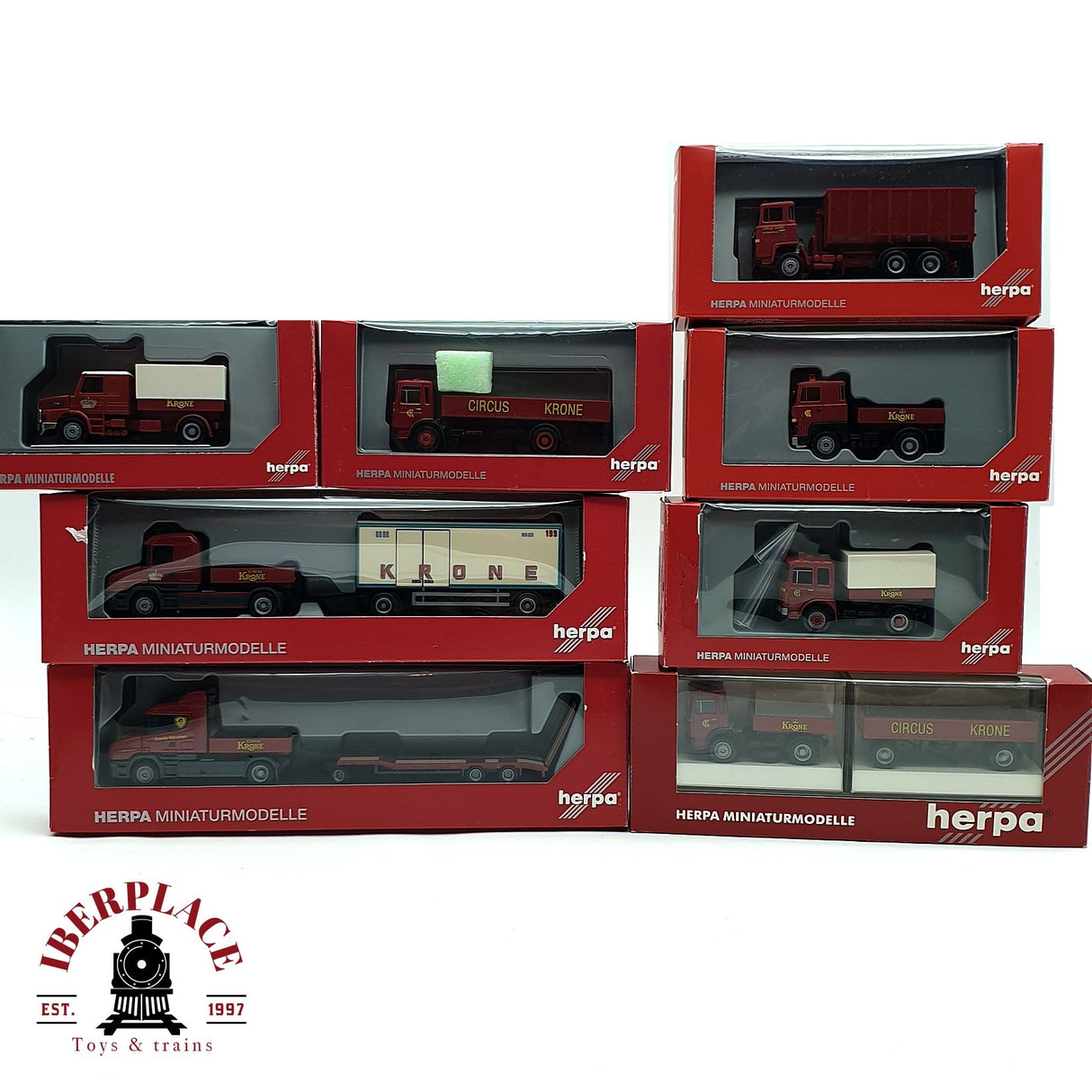 ♻️ 2da mano -  8x Herpa camiones scania man y remolques circo Krone H0 escala 1:87 E15