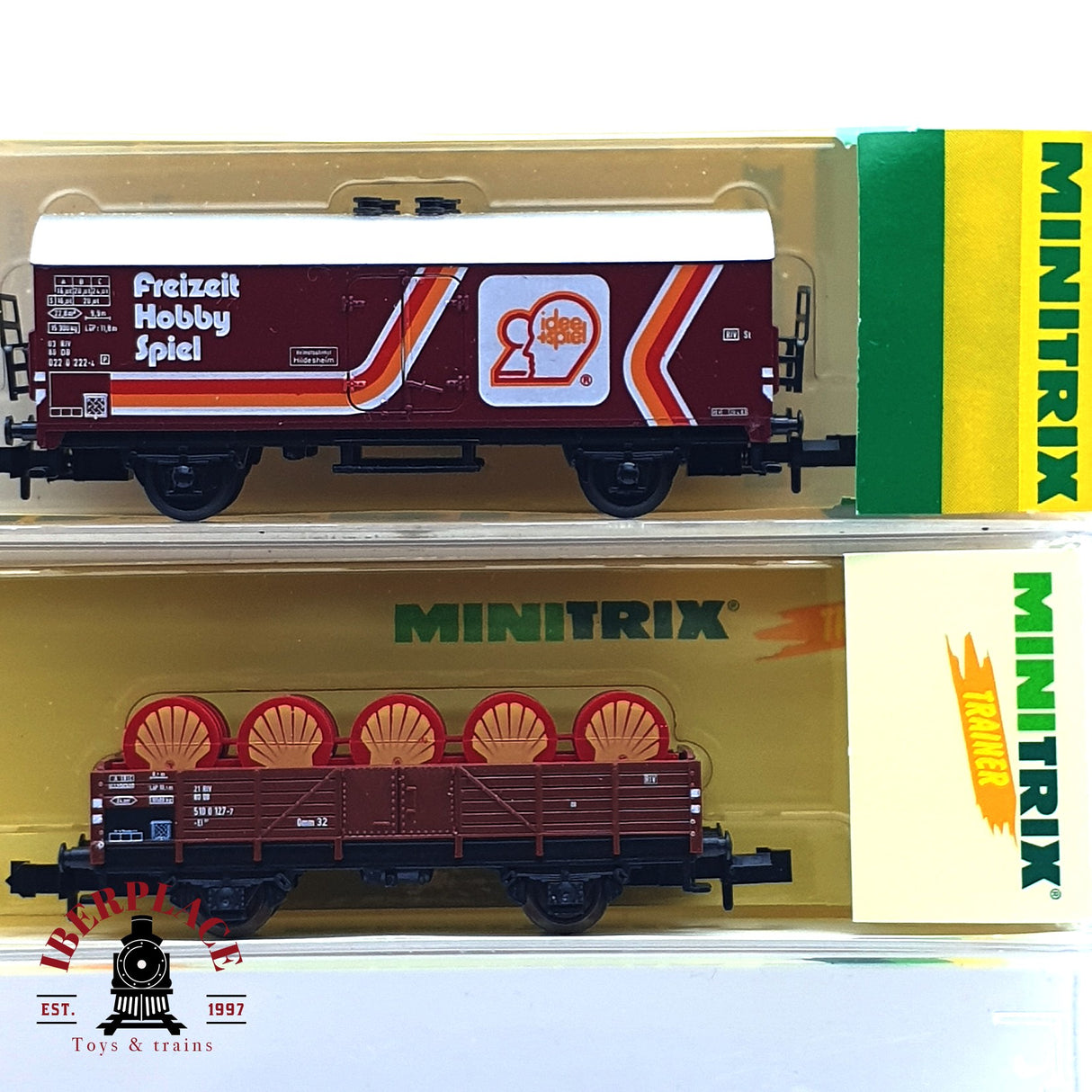 ♻️ 2da mano -  2x Minitrix vagones mercancias barriles Shell Freizeit Hobby Spiel N escala 1:160 E16