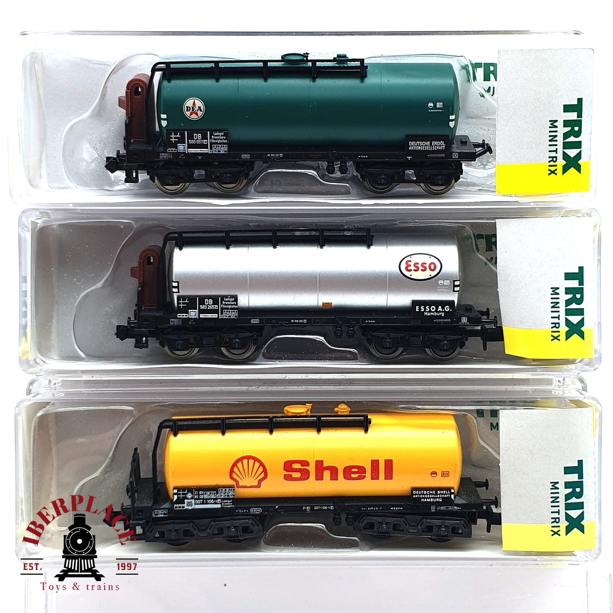 ♻️ 2da mano - 3x Minitrix vagones cisterna Esso Shell Dea DB N escala 1:160 E16