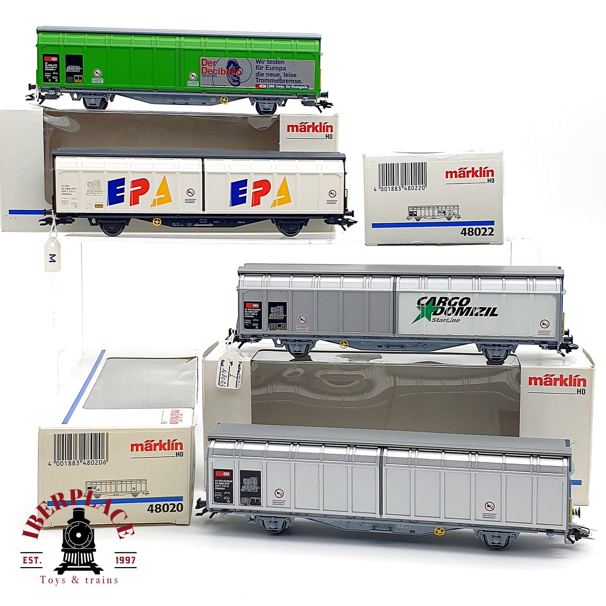 ♻️ 4x Märklin vagones de paredes deslizantes EPA, cargo Domizil SBB H0 escala 1:87