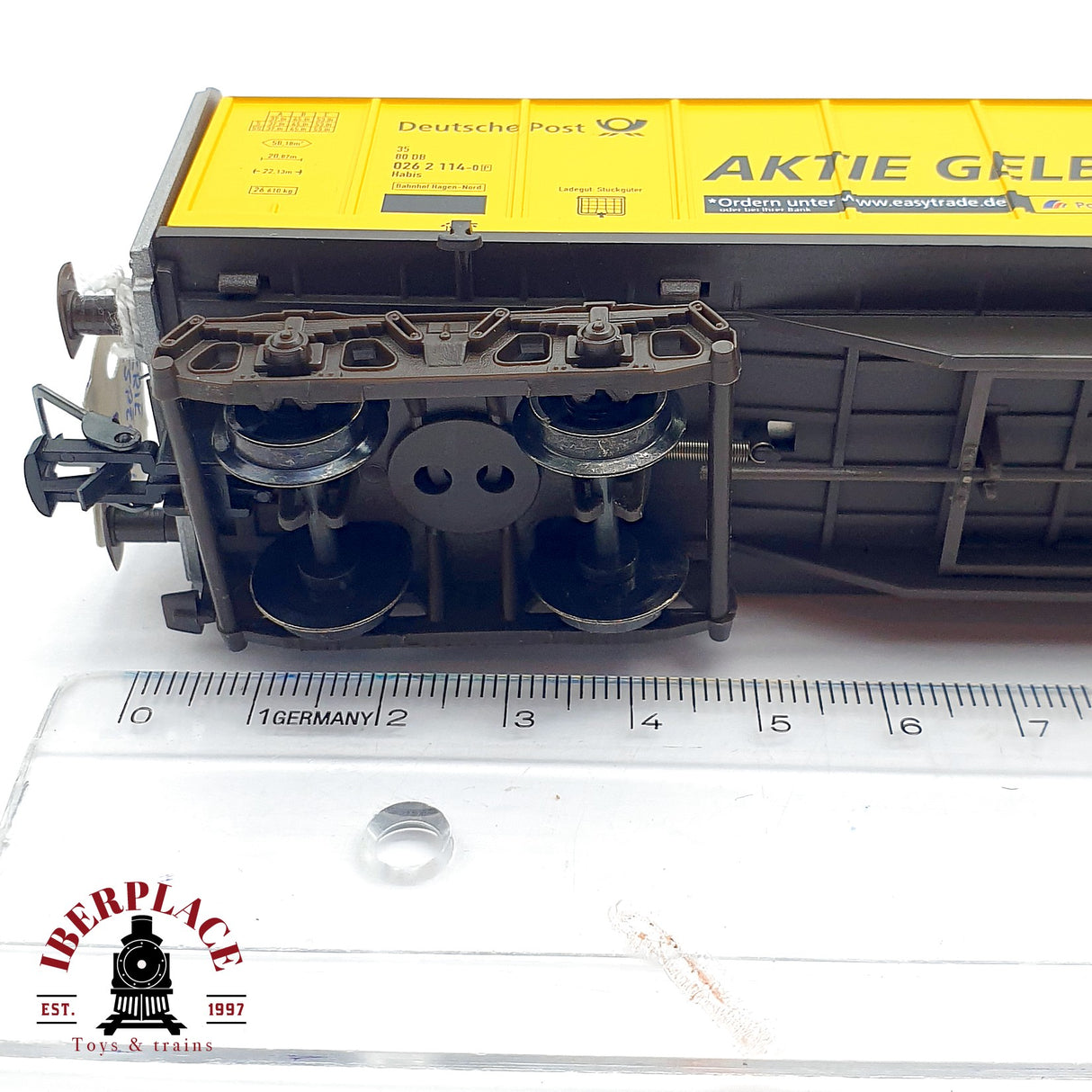 ♻️ DC Electrotren 5552K vagón cerrado Deutsche Post Aktie Gelb H0 escala 1:87