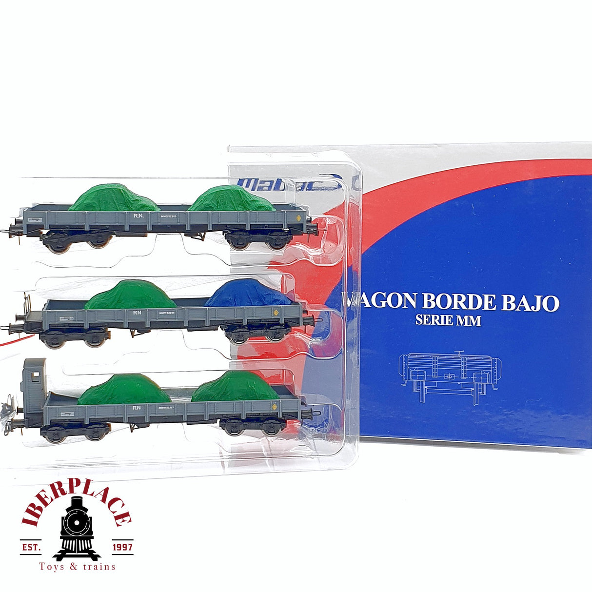🆕 Mabar - 81403 Set de vagones plataforma MM borde bajo RENFE carga de coches con lona H0 escala 1:87