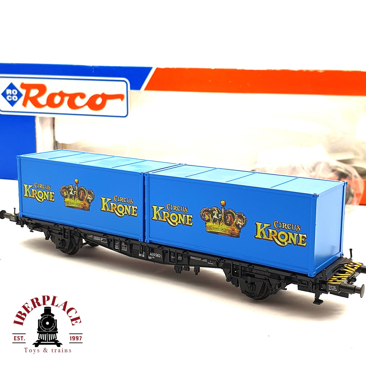 ♻️ 2da mano - DC Roco 47597 vagón contenedor Krone Circus DB H0 escala 1:87 E15