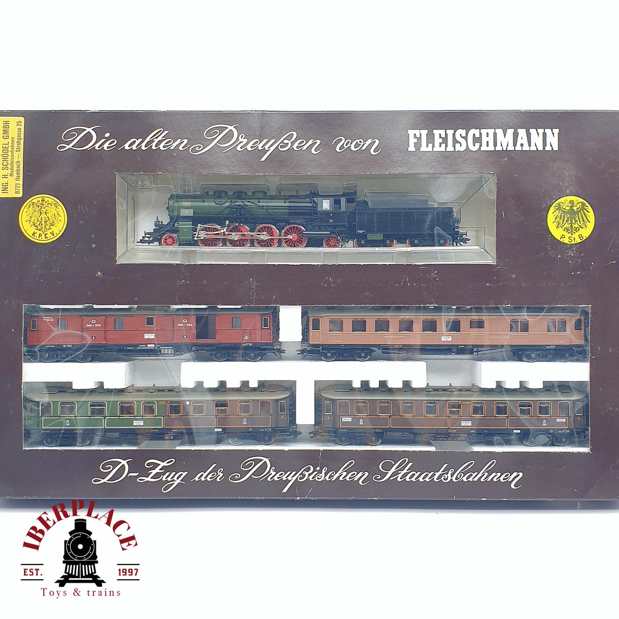 ♻️ 2da mano - AC Fleischmann 1885 Set locomotora P.St.B. 2810 vagones pasajeros H0 escala 1:87