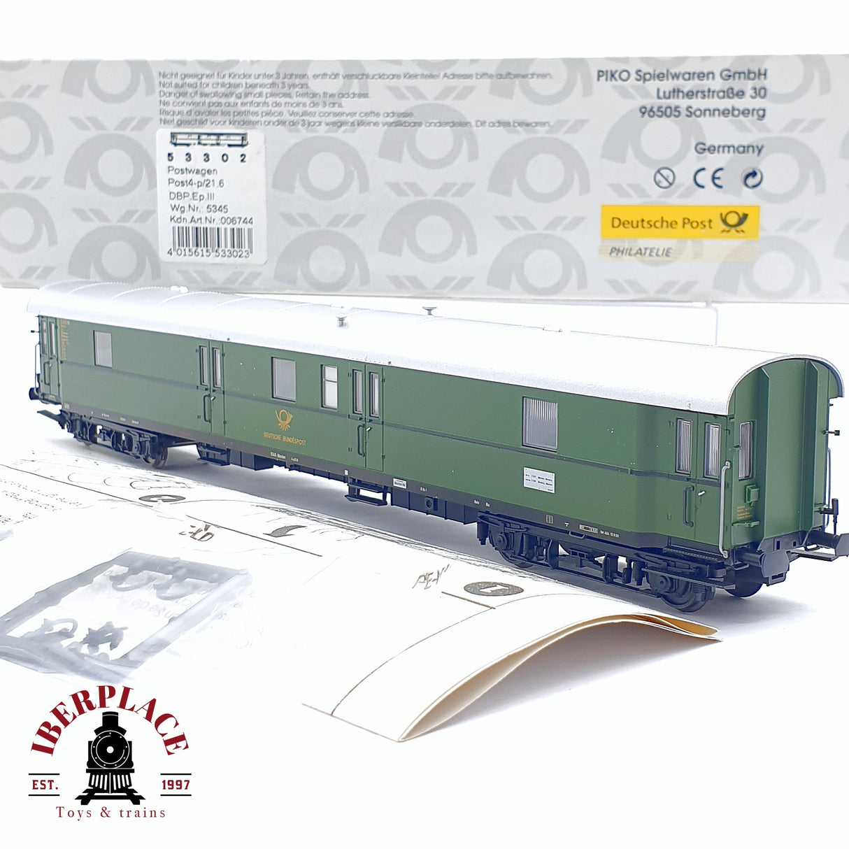 ♻️ 2da mano - DC PIKO 53302 vagón correos 4-p/21.6 DBP Epoca III verde H0 escala 1:87