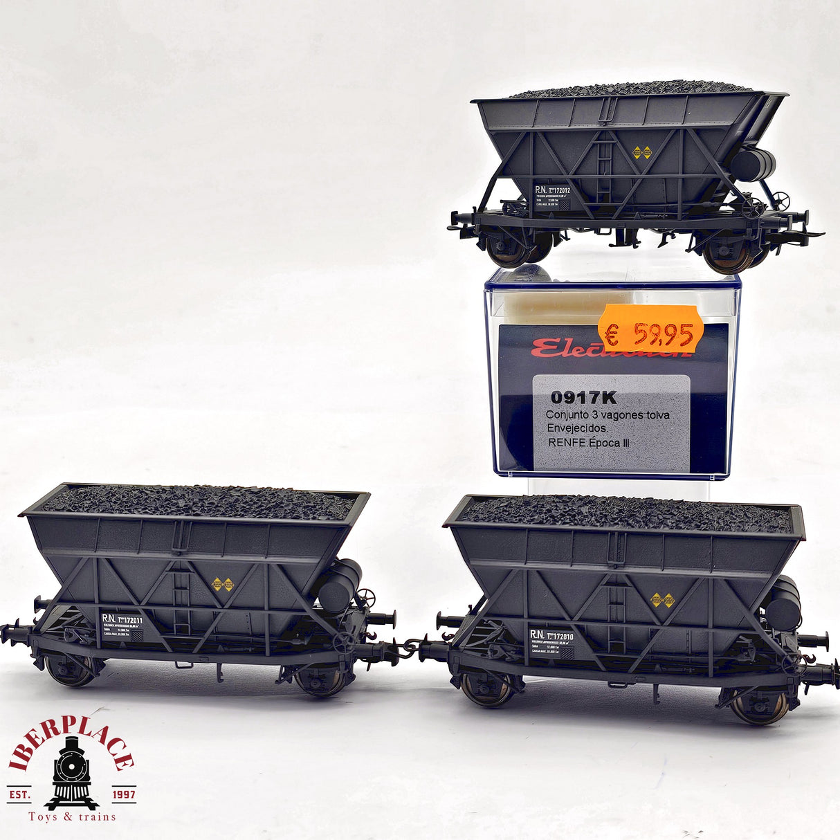 ♻️ 2da mano - Electrotren 0917K conjunto de 3 vagones tolva envejecidos RENFE Ep III H0 escala 1:87 A15