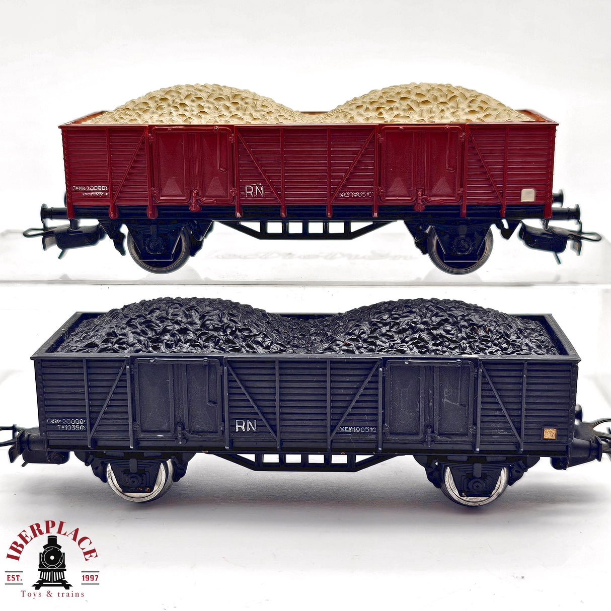 ♻️ 2da mano - DC 2x Electrotren vagones de borde alto con carbón y gravilla H0 escala 1:87 A15