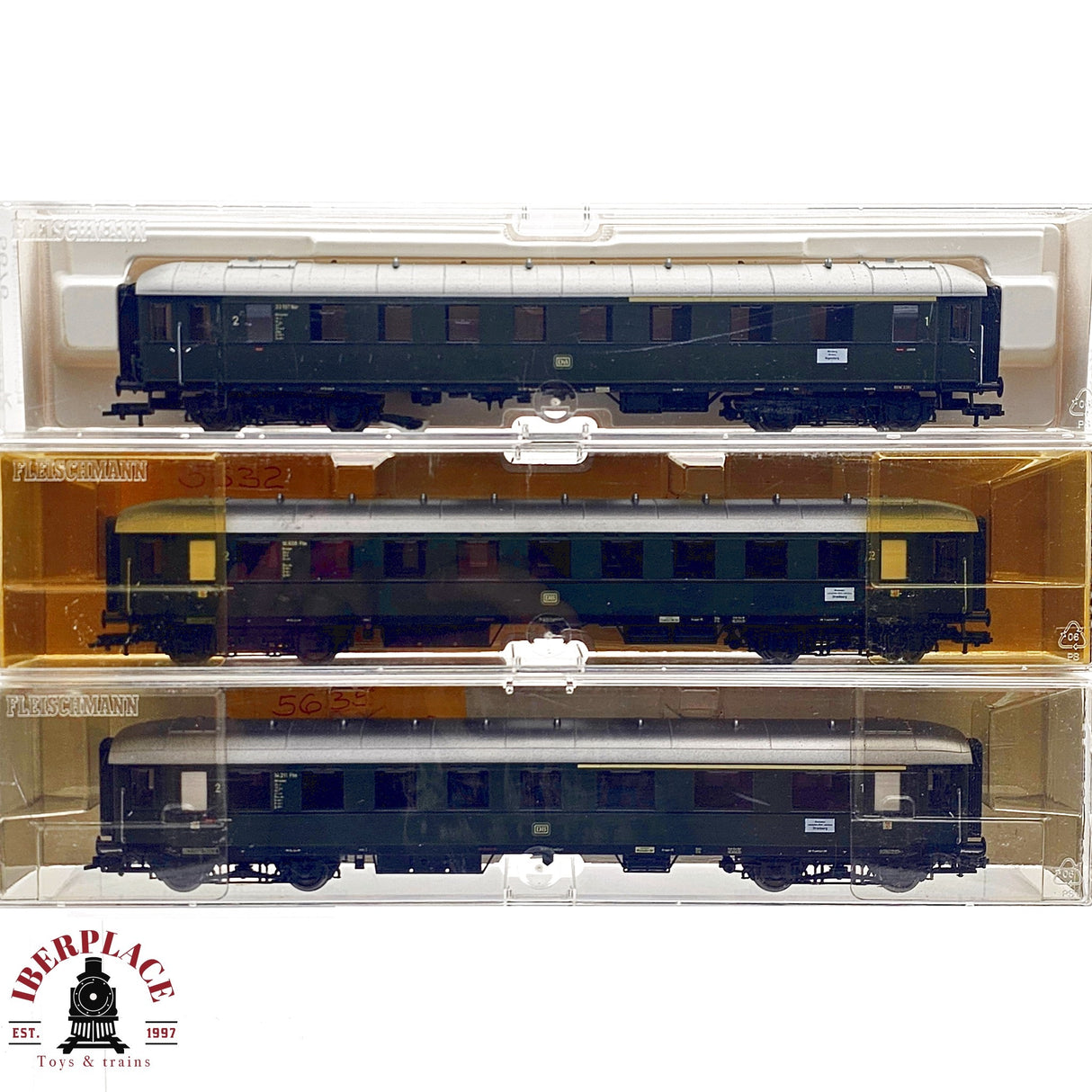 ♻️ 2da mano -  DC Fleischmann 3x vagones pasajeros DB clase 2 verdes H0 escala 1:87 E13
