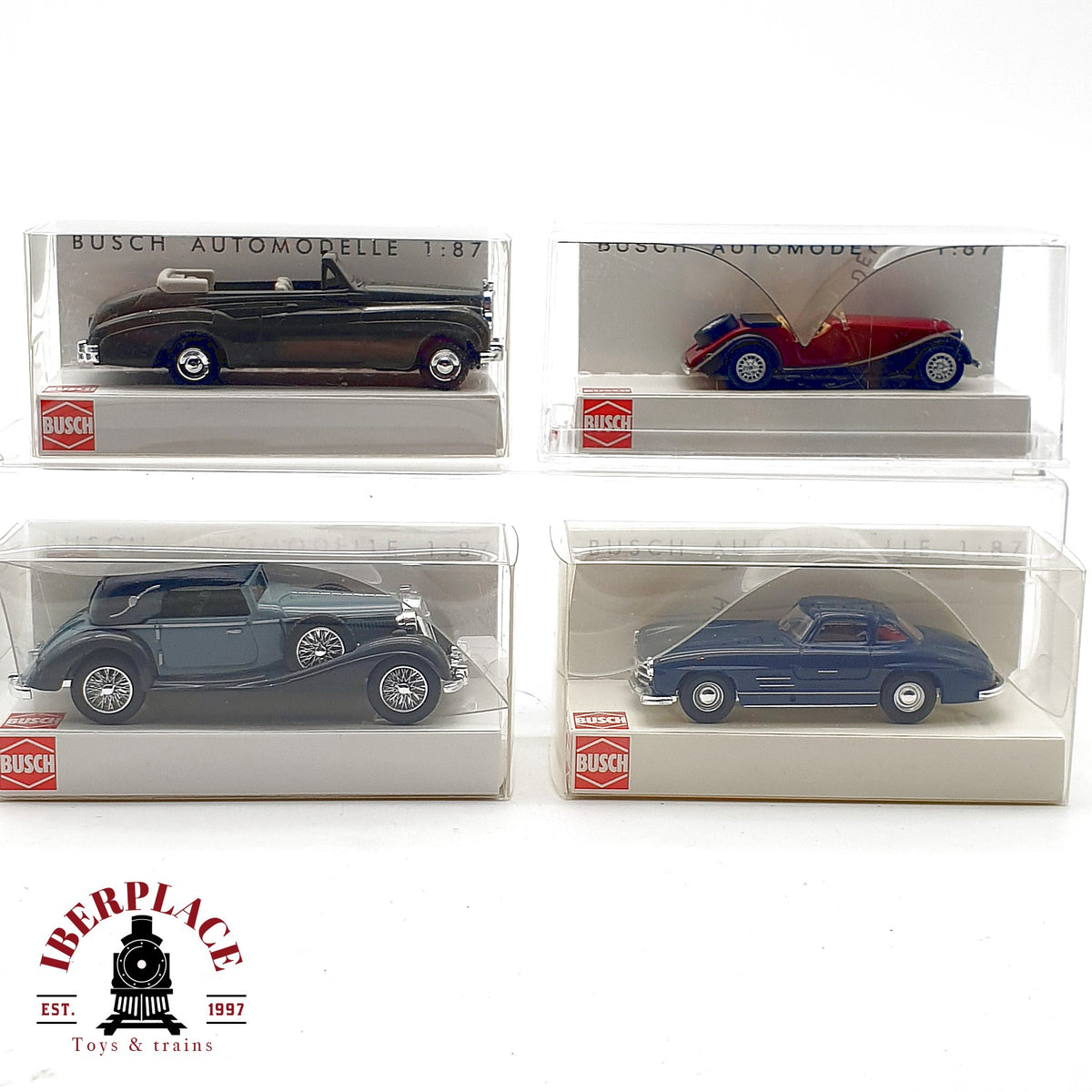 ♻️ ✨Busch 4x coches clasicos Horch Bentley Mercedes 300SL Morgan Escala H0 1:87
