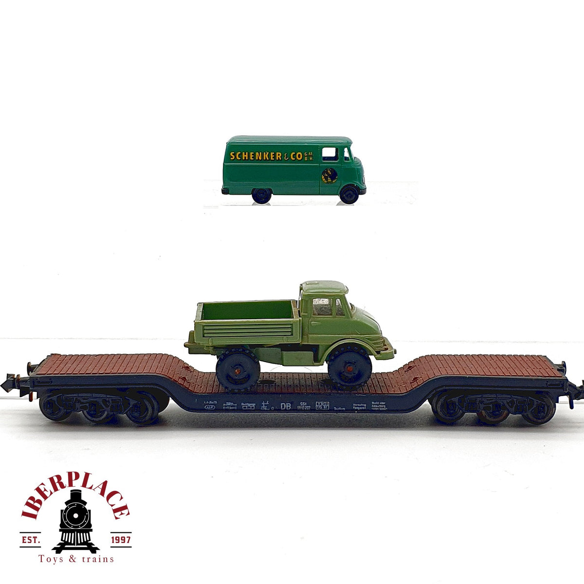 ♻️ 🚂 Roco Vagon plataforma rebajada DB Ep III Unimog furgoneta Schenker Escala N 1:160