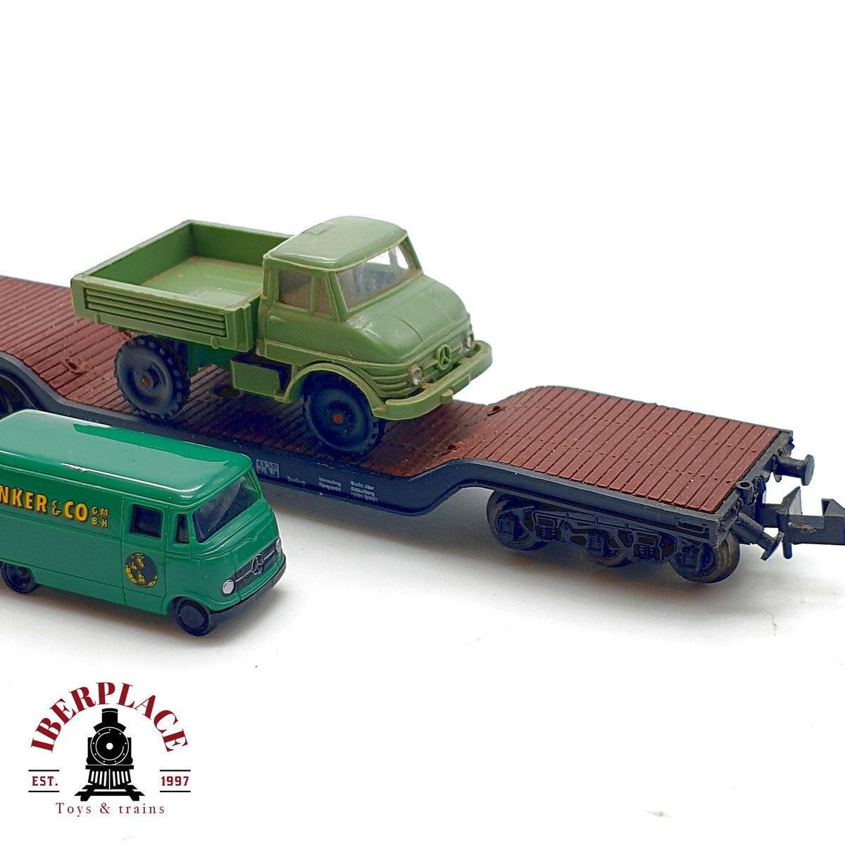 ♻️ 🚂 Roco Vagon plataforma rebajada DB Ep III Unimog furgoneta Schenker Escala N 1:160