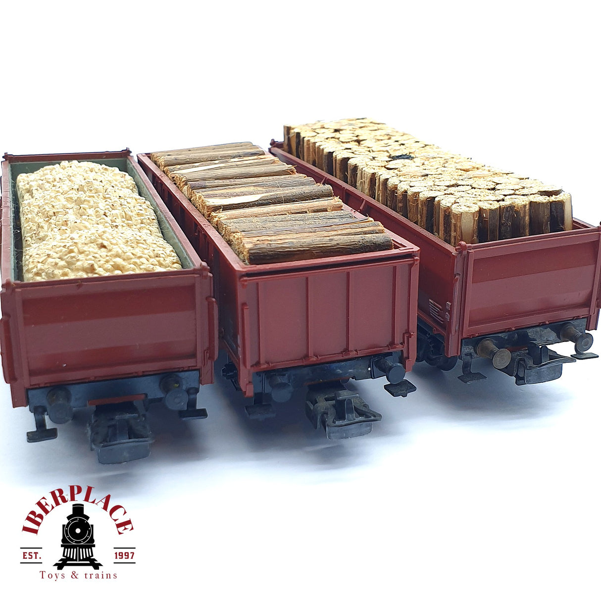 ♻️ 2da mano - Märklin 3x vagones abiertos con troncos de carga DB SNCF H0 escala 1:87 EH010