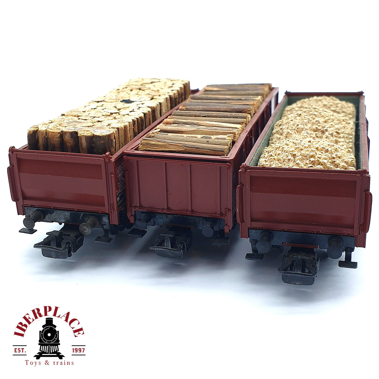 ♻️ 2da mano - Märklin 3x vagones abiertos con troncos de carga DB SNCF H0 escala 1:87 EH010