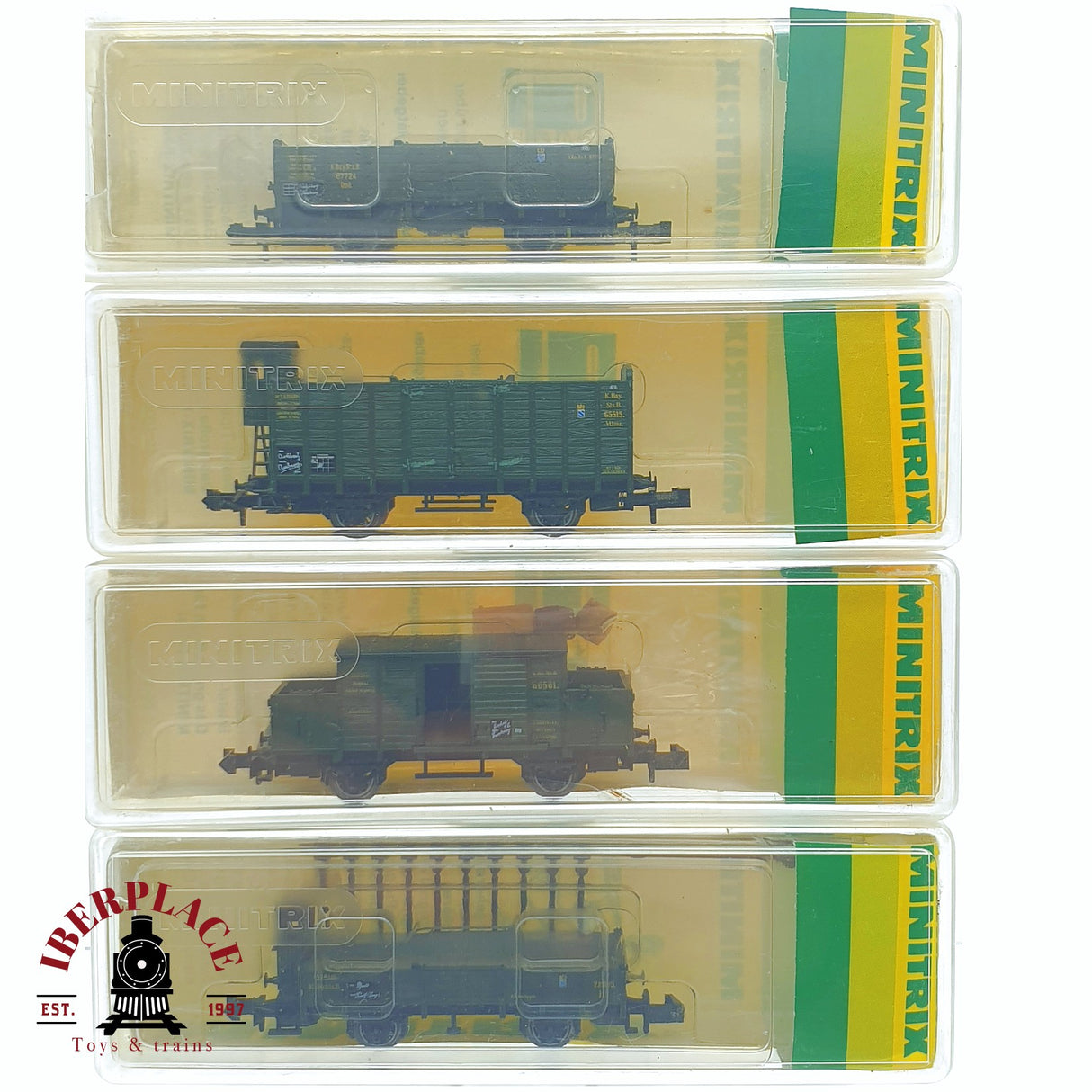 ♻️ 2 mano - Minitrix 4x vagones mercancía K,Bay.Sts.B N escala 1:160 TEN03
