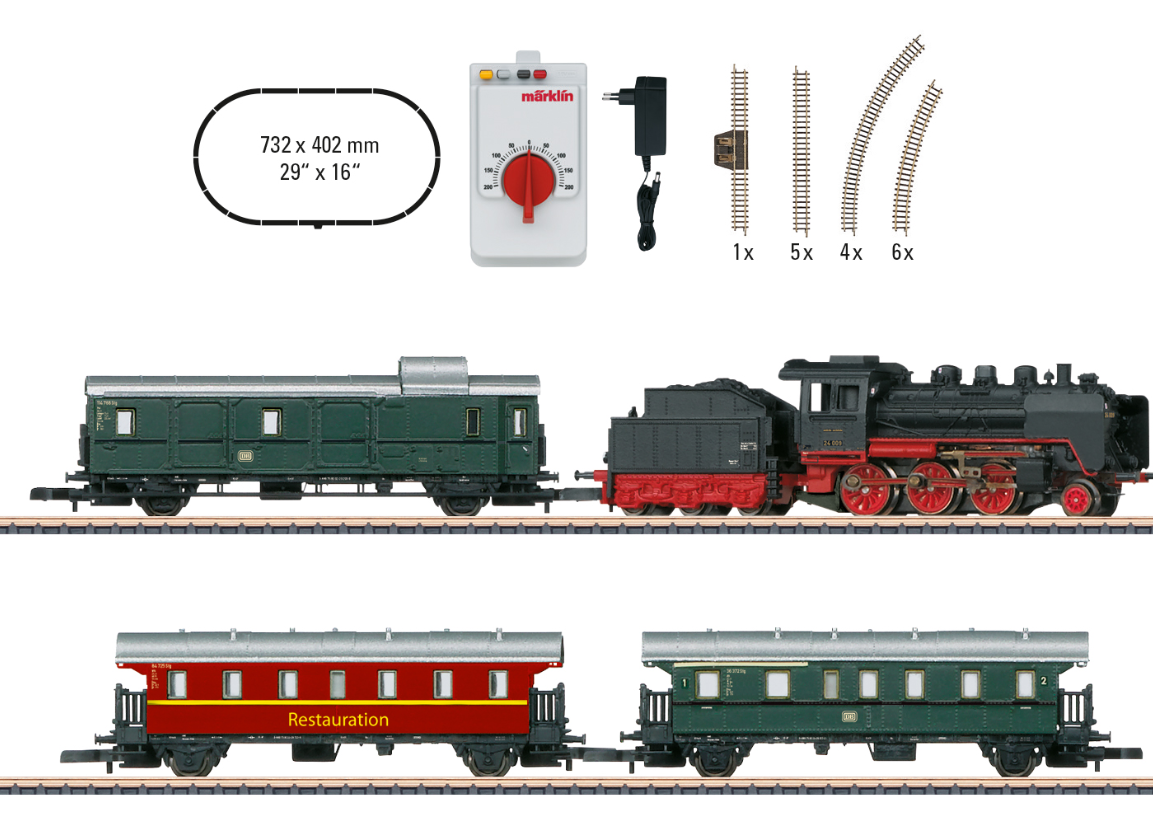 Z 1:220 Märklin 81874 Caja de iniciación "Tren de viajeros de museo" con locomotora de vapor BR 24.